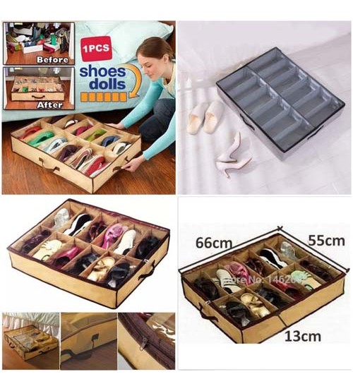 Under Bed Shoe Organizer Bag Foam Fabric Sheet Shoe Organizer with Clear Plastic Zip Cover Store up to 12 Pairs of Shoes